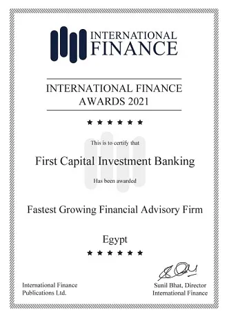 International Finance Awards 2021 certificate awarded to First Capital Investment Banking